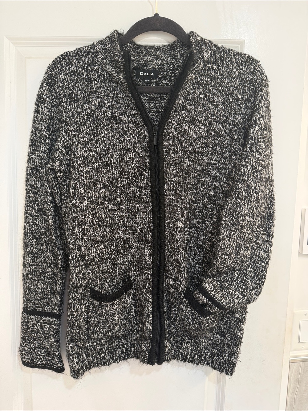 Dalia Black & White Marled Zip-Front Teddy Jacket